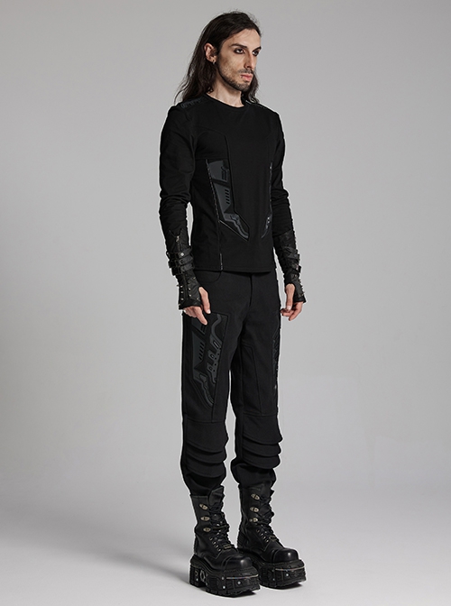 Black Simple Stretch Twill Woven Side Three Dimensional Black Rubber Patch Decorated Punk Style Rough Trousers
