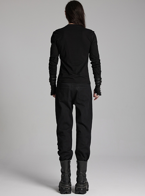 Black Simple Stretch Twill Woven Side Three Dimensional Black Rubber Patch Decorated Punk Style Rough Trousers