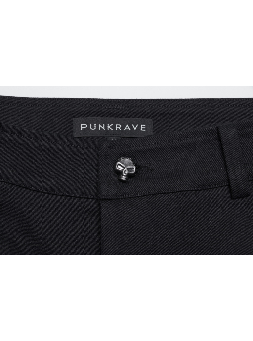 Black Simple Stretch Twill Woven Side Three Dimensional Black Rubber Patch Decorated Punk Style Rough Trousers