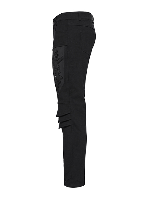 Black Simple Stretch Twill Woven Side Three Dimensional Black Rubber Patch Decorated Punk Style Rough Trousers
