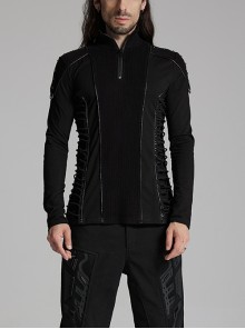 Personalized Black Cashmere Like Knitted Stitching Elastic Fabric Side Eyelets With Drawstring Embellishment Punk Style Stand Up Collar Long Sleeved T-Shirt