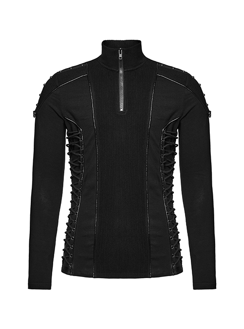 Personalized Black Cashmere Like Knitted Stitching Elastic Fabric Side Eyelets With Drawstring Embellishment Punk Style Stand Up Collar Long Sleeved T-Shirt