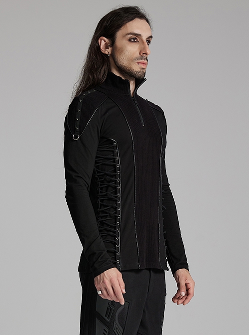 Personalized Black Cashmere Like Knitted Stitching Elastic Fabric Side Eyelets With Drawstring Embellishment Punk Style Stand Up Collar Long Sleeved T-Shirt