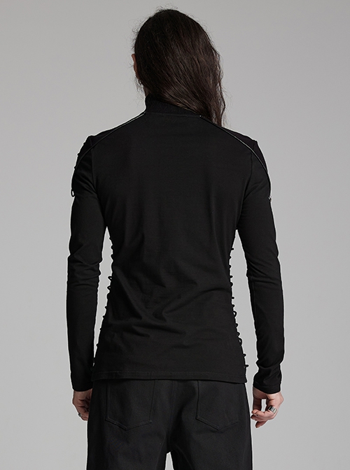 Personalized Black Cashmere Like Knitted Stitching Elastic Fabric Side Eyelets With Drawstring Embellishment Punk Style Stand Up Collar Long Sleeved T-Shirt