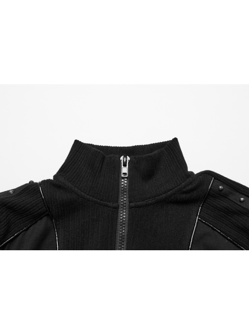 Personalized Black Cashmere Like Knitted Stitching Elastic Fabric Side Eyelets With Drawstring Embellishment Punk Style Stand Up Collar Long Sleeved T-Shirt