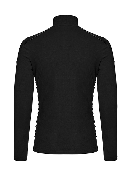 Personalized Black Cashmere Like Knitted Stitching Elastic Fabric Side Eyelets With Drawstring Embellishment Punk Style Stand Up Collar Long Sleeved T-Shirt