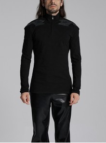 Black Stretch Knit Shoulder Patchwork Three Dimensional Vinyl Applique Decoration Punk Style Long Sleeved T-Shirt