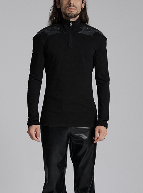 Black Stretch Knit Shoulder Patchwork Three Dimensional Vinyl Applique Decoration Punk Style Long Sleeved T-Shirt