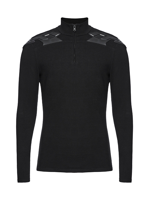 Black Stretch Knit Shoulder Patchwork Three Dimensional Vinyl Applique Decoration Punk Style Long Sleeved T-Shirt