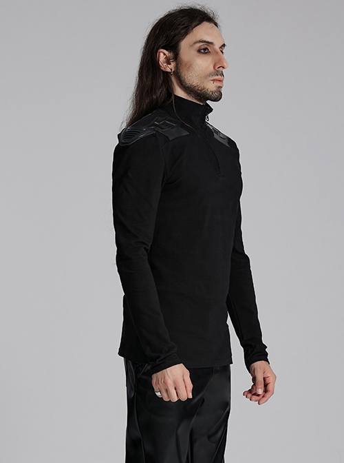 Black Stretch Knit Shoulder Patchwork Three Dimensional Vinyl Applique Decoration Punk Style Long Sleeved T-Shirt