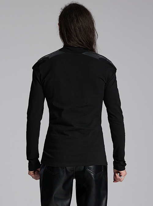 Black Stretch Knit Shoulder Patchwork Three Dimensional Vinyl Applique Decoration Punk Style Long Sleeved T-Shirt
