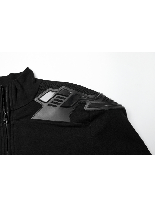 Black Stretch Knit Shoulder Patchwork Three Dimensional Vinyl Applique Decoration Punk Style Long Sleeved T-Shirt