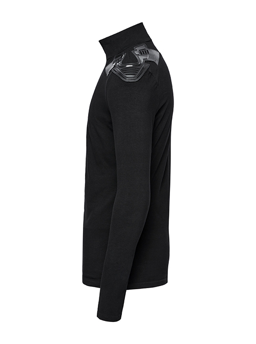 Black Stretch Knit Shoulder Patchwork Three Dimensional Vinyl Applique Decoration Punk Style Long Sleeved T-Shirt