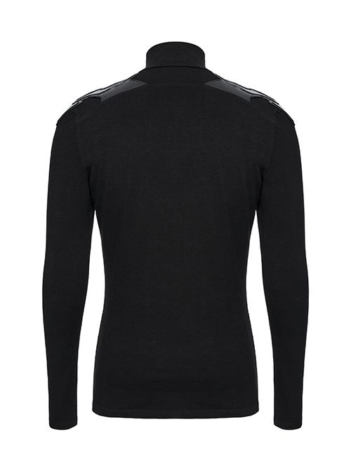Black Stretch Knit Shoulder Patchwork Three Dimensional Vinyl Applique Decoration Punk Style Long Sleeved T-Shirt