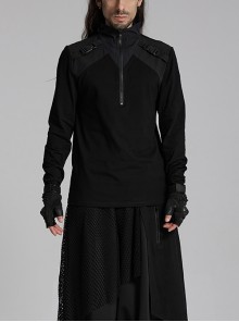 Simple Black Functional Stretch Knitted Splicing Grid Woven Front Center Zipper Insert Decoration Punk Style Stand Collar Long Sleeve T-Shirt