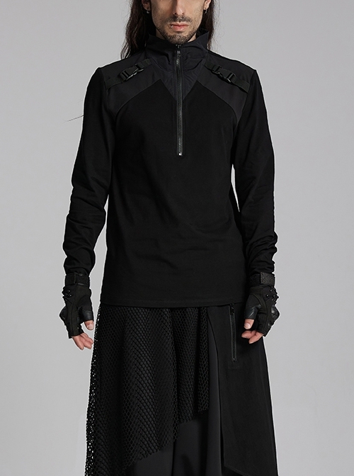 Simple Black Functional Stretch Knitted Splicing Grid Woven Front Center Zipper Insert Decoration Punk Style Stand Collar Long Sleeve T-Shirt