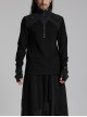 Simple Black Functional Stretch Knitted Splicing Grid Woven Front Center Zipper Insert Decoration Punk Style Stand Collar Long Sleeve T-Shirt