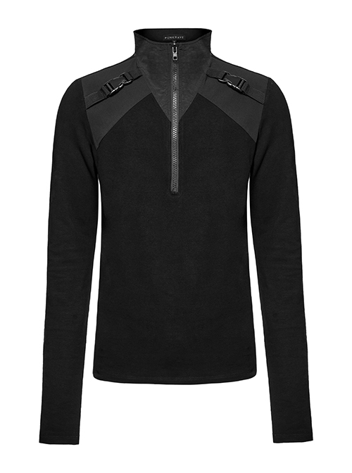 Simple Black Functional Stretch Knitted Splicing Grid Woven Front Center Zipper Insert Decoration Punk Style Stand Collar Long Sleeve T-Shirt