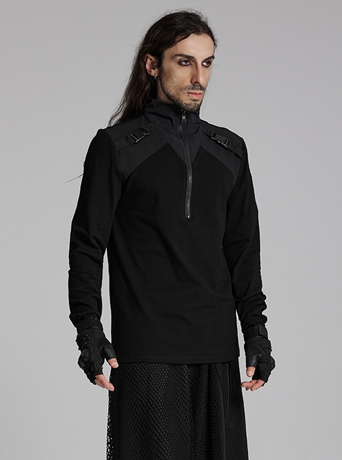 Simple Black Functional Stretch Knitted Splicing Grid Woven Front Center Zipper Insert Decoration Punk Style Stand Collar Long Sleeve T-Shirt