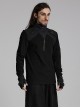 Simple Black Functional Stretch Knitted Splicing Grid Woven Front Center Zipper Insert Decoration Punk Style Stand Collar Long Sleeve T-Shirt