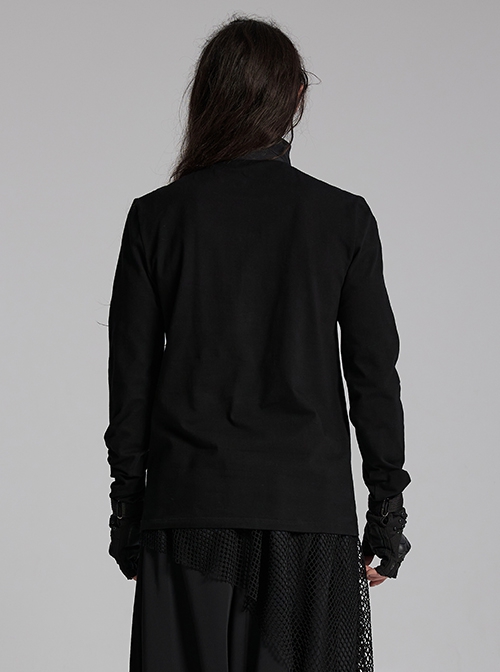 Simple Black Functional Stretch Knitted Splicing Grid Woven Front Center Zipper Insert Decoration Punk Style Stand Collar Long Sleeve T-Shirt