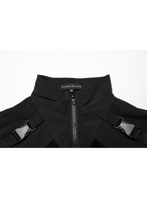 Simple Black Functional Stretch Knitted Splicing Grid Woven Front Center Zipper Insert Decoration Punk Style Stand Collar Long Sleeve T-Shirt