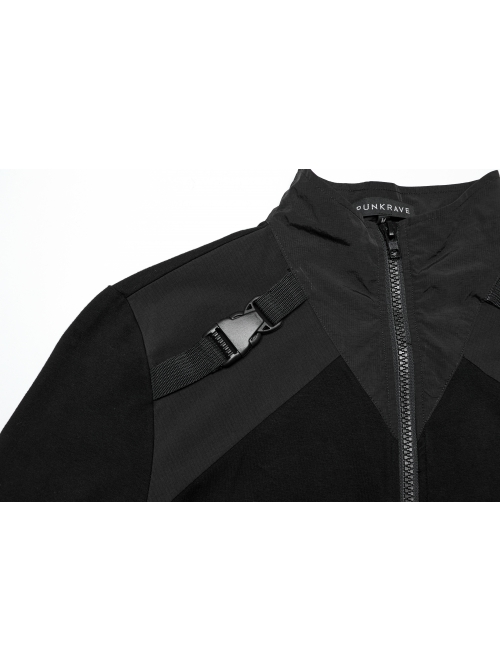 Simple Black Functional Stretch Knitted Splicing Grid Woven Front Center Zipper Insert Decoration Punk Style Stand Collar Long Sleeve T-Shirt