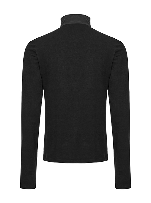 Simple Black Functional Stretch Knitted Splicing Grid Woven Front Center Zipper Insert Decoration Punk Style Stand Collar Long Sleeve T-Shirt