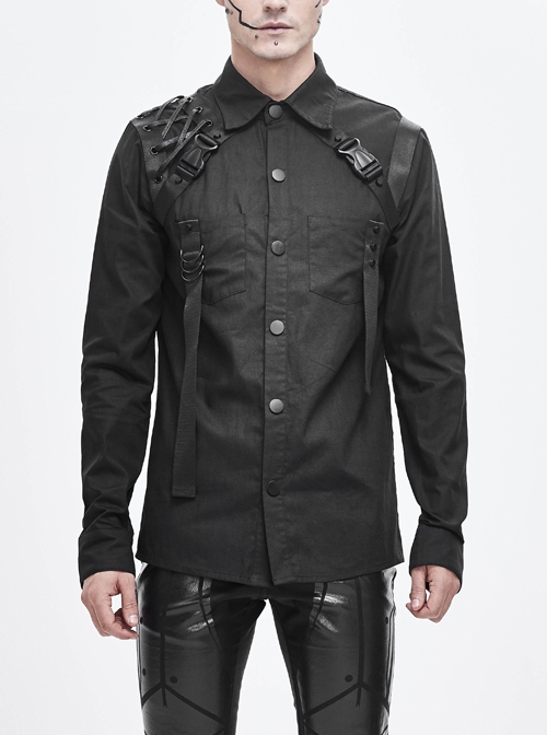 Asymmetrical Shoulder Lace-Up Thick Ribbon Chest Metal Nail Buckle Black Punk Shirt