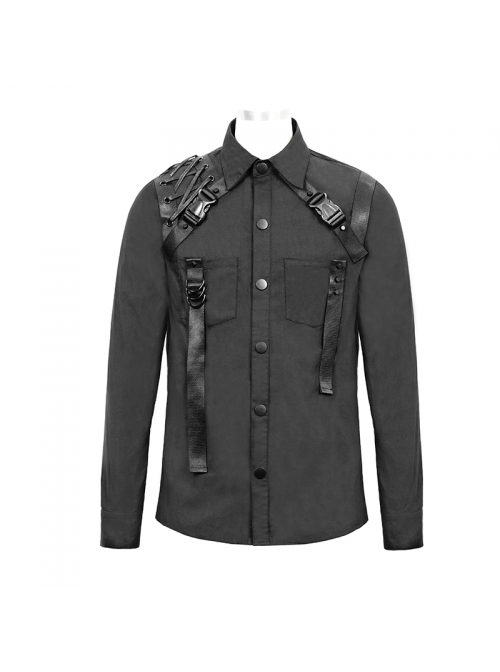 Asymmetrical Shoulder Lace-Up Thick Ribbon Chest Metal Nail Buckle Black Punk Shirt