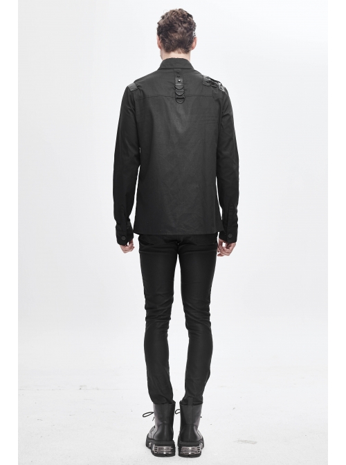 Asymmetrical Shoulder Lace-Up Thick Ribbon Chest Metal Nail Buckle Black Punk Shirt