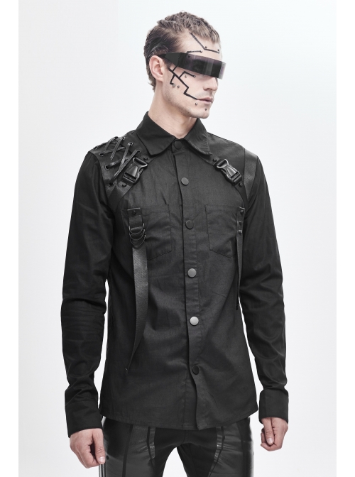 Asymmetrical Shoulder Lace-Up Thick Ribbon Chest Metal Nail Buckle Black Punk Shirt