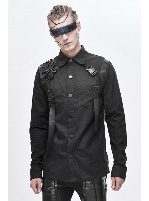 Asymmetrical Shoulder Lace-Up Thick Ribbon Chest Metal Nail Buckle Black Punk Shirt