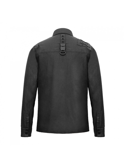 Asymmetrical Shoulder Lace-Up Thick Ribbon Chest Metal Nail Buckle Black Punk Shirt