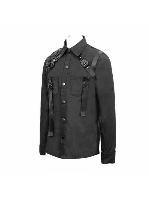 Asymmetrical Shoulder Lace-Up Thick Ribbon Chest Metal Nail Buckle Black Punk Shirt