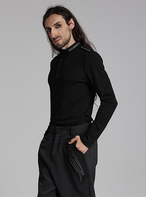 Black Elastic Soft Knitted Shoulder Three-Dimensional Retro Pattern Ribbon Embellishment Punk Style Long-Sleeved Stand Collar T-Shirt