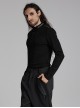 Black Elastic Soft Knitted Shoulder Three-Dimensional Retro Pattern Ribbon Embellishment Punk Style Long-Sleeved Stand Collar T-Shirt