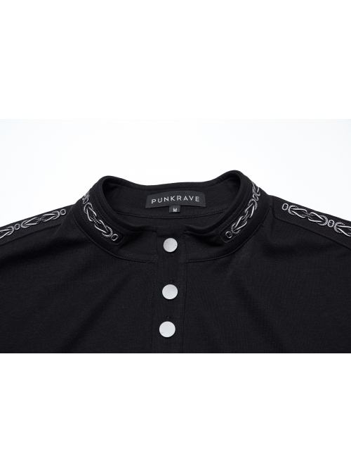Black Elastic Soft Knitted Shoulder Three-Dimensional Retro Pattern Ribbon Embellishment Punk Style Long-Sleeved Stand Collar T-Shirt