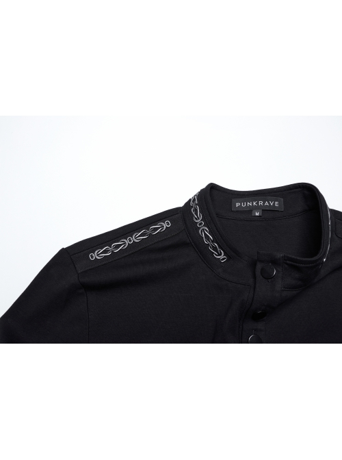 Black Elastic Soft Knitted Shoulder Three-Dimensional Retro Pattern Ribbon Embellishment Punk Style Long-Sleeved Stand Collar T-Shirt