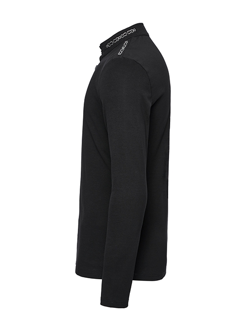 Black Elastic Soft Knitted Shoulder Three-Dimensional Retro Pattern Ribbon Embellishment Punk Style Long-Sleeved Stand Collar T-Shirt