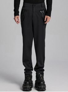 Soft Black Knitted Front And Back Double Pockets Three Dimensional Rivet Embellished Punk Style Trousers