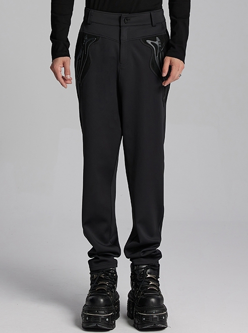 Soft Black Knitted Front And Back Double Pockets Three Dimensional Rivet Embellished Punk Style Trousers