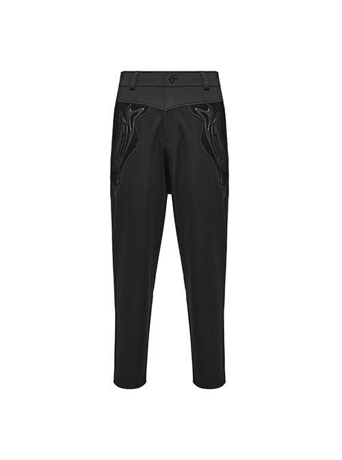 Soft Black Knitted Front And Back Double Pockets Three Dimensional Rivet Embellished Punk Style Trousers