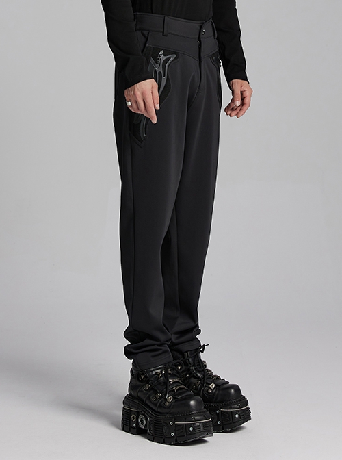 Soft Black Knitted Front And Back Double Pockets Three Dimensional Rivet Embellished Punk Style Trousers