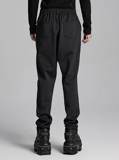 Soft Black Knitted Front And Back Double Pockets Three Dimensional Rivet Embellished Punk Style Trousers
