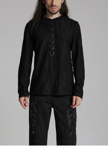 Simple Black Tattered Knitted Front Triangle Button Decorated Punk Style Long Sleeve T-Shirt