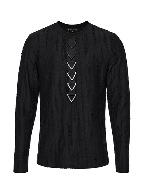 Simple Black Tattered Knitted Front Triangle Button Decorated Punk Style Long Sleeve T-Shirt