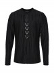 Simple Black Tattered Knitted Front Triangle Button Decorated Punk Style Long Sleeve T-Shirt