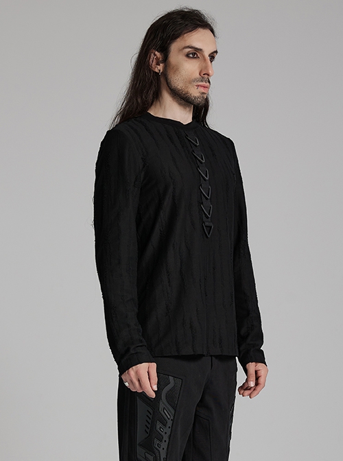 Simple Black Tattered Knitted Front Triangle Button Decorated Punk Style Long Sleeve T-Shirt