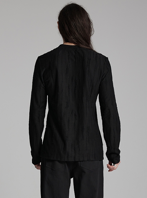 Simple Black Tattered Knitted Front Triangle Button Decorated Punk Style Long Sleeve T-Shirt